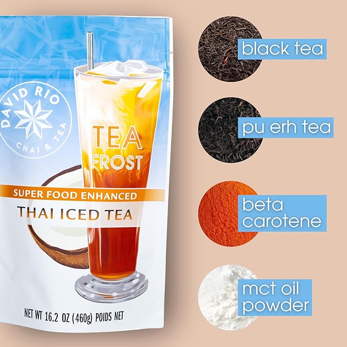 David Rio Thai Iced Tea Mix, 16.2 Oz, Black & Pu Erh Tea, Enhanced with Beta Carotene and MCT Oil, Vegan, Gluten Free, 33 Servings