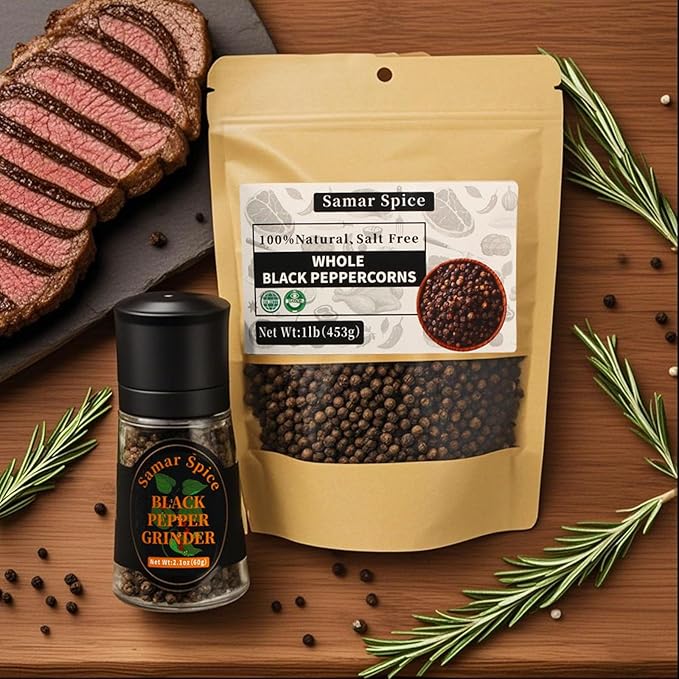Whole Black Peppercorns with Adjustable Grinder(2.1oz+7oz) & Refill Pack | Restaurants & Home Cooks | Enhances Meat, Beef, Steak & Meat Lovers' Dishes (60g+200g)