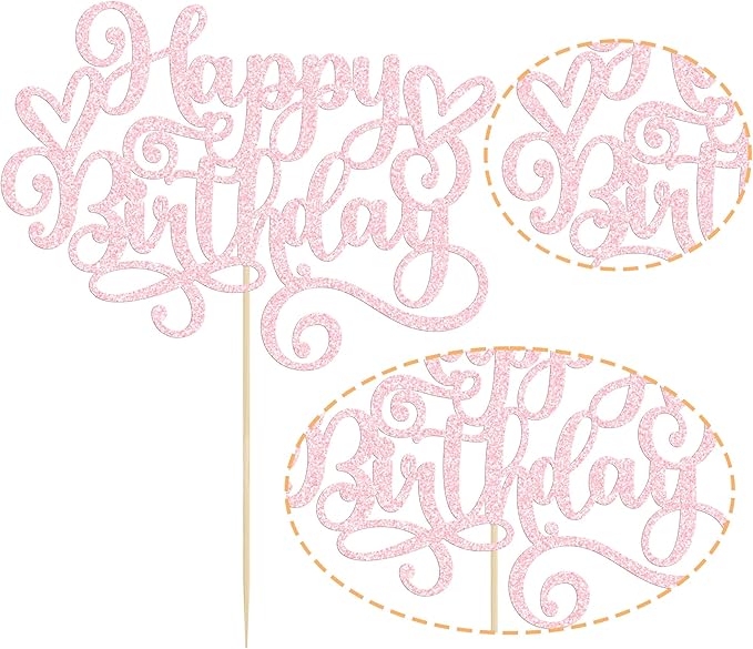 Gyufise 1Pcs Happy Birthday Cake Topper Glitter Cake Pick Bunting Decor for Anniversary Celebrating Party Cake Decorations Supplies Light Pink
