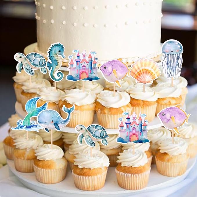 32 Pack Mermaid Cupcake Toppers Under The Sea Octopus Starfish Mermaid Tail Cupcake Picks Jellyfish Seahorse Coral Cupcake Decorations for Baby Shower Under The Sea Party Birthday Cake Decorations