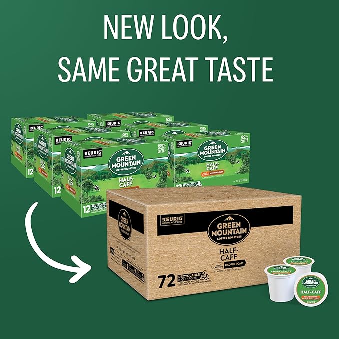 Green Mountain Coffee Roasters Half Caff Keurig Single-Serve K-Cup pods, Medium Roast Coffee, 72 Count