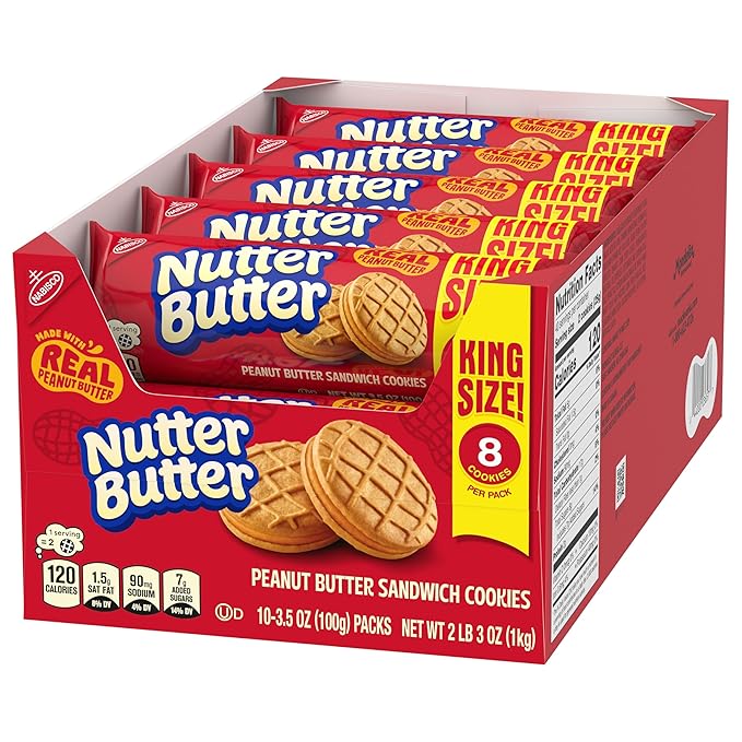 NUTTER BUTTER Peanut Butter Sandwich Cookies, King Size, 10-3.5 oz Snack Packs
