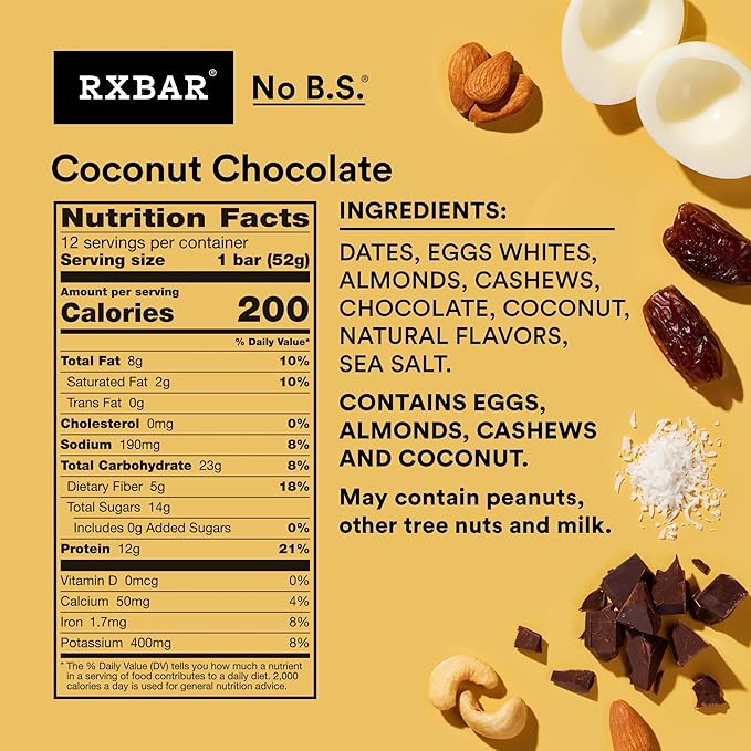 RXBAR Protein Bars, Protein Snack, Snack Bars, Coconut Chocolate, 22oz Box (12 Bars)