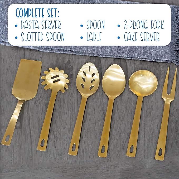 Darware Complete Serving Spoon & Utensil Set (6-Piece Set, Gold); w/Pasta Server, Fork, Spoon, Slotted Spoon, Ladle, & Cake/Casserole Server, SH_2629