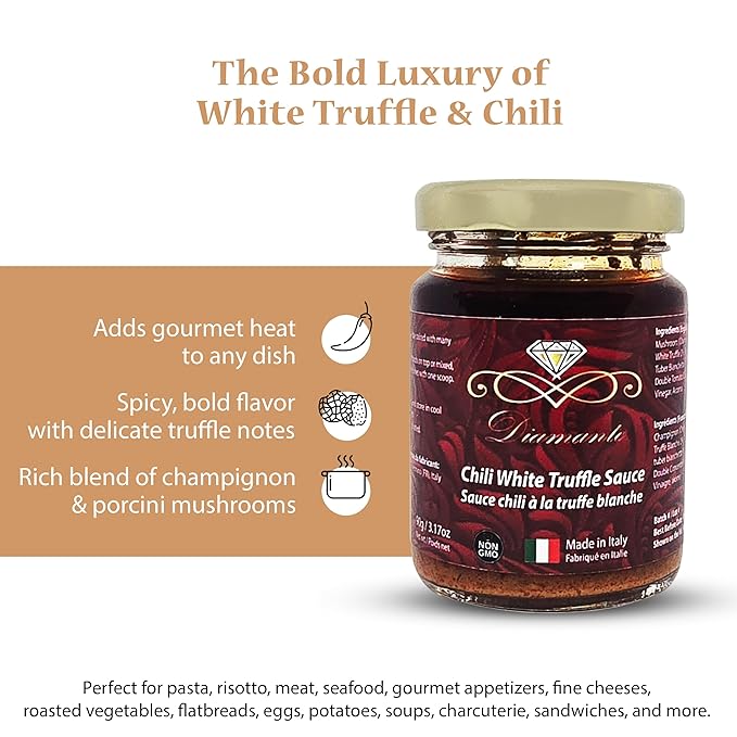 Diamante Italy Chili Truffle Sauce with White Truffles - Hot Sauce for All Cuisines - Authentic Italian Gourmet White Truffle & Mushroom Hot Sauce - Non GMO & Made in Italy - 90g