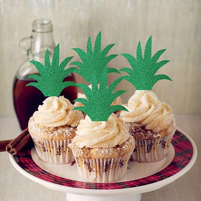 Rsstarxi 24 Pack Pineapple Leaf Cupcake Toppers Green Glitter Pineapple Leaves Cupcake Picks for Summer Tropical Theme Luau Party Hawaiian Wedding Baby Shower Birthday Party Cake Decoration Supplies