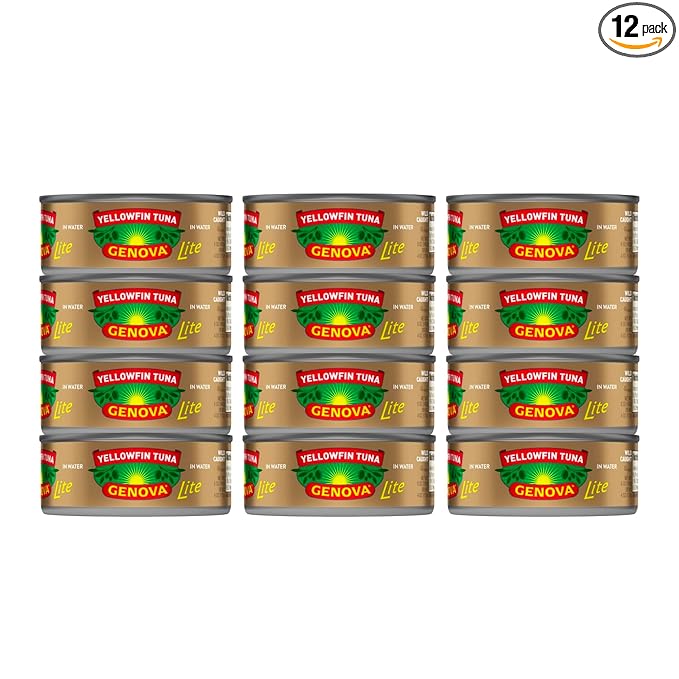 Genova Premium Lite Yellowfin Tuna in Water, Wild Caught, Solid Light, 5 oz. Can (Pack of 12)