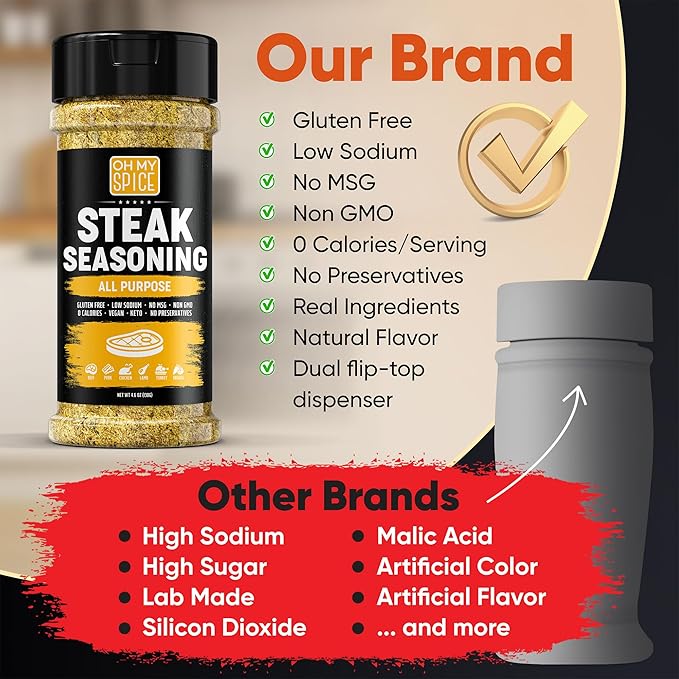 Steak Seasoning All Purpose Seasoning Mix - Gluten Free & Low Sodium Meat Seasonings for Ribeye, NY Strip & Tomahawk. Steaks Seasonings for Grilling. Beef Steaks Salt Blend. Steak Rub Spices. 4.6oz