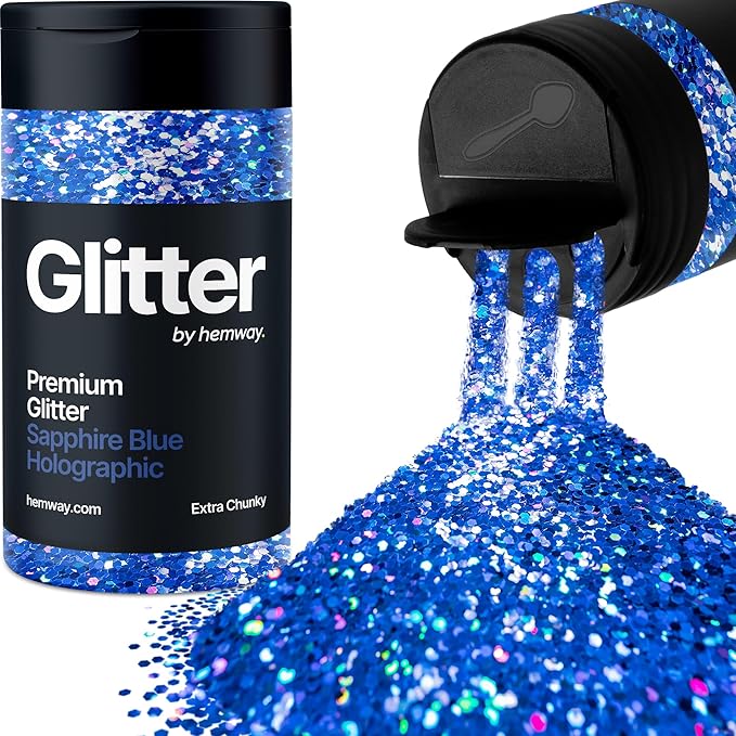 Hemway Premium Glitter Shaker - Sapphire Blue Holographic | 115g Extra Chunky Metallic Flake Sequins for Resin & Epoxy Crafts | Craft Supplies for Tumblers, Festival, Art
