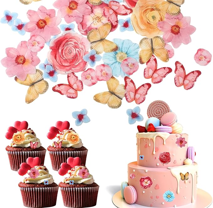 102pcs Edible Butterflies Flower Cupcake Toppers, Edible Cake Toppers Birthday Cupcake Toppers Cake Topper Decorations for Wedding Themed Party Cake Decoration Supplies