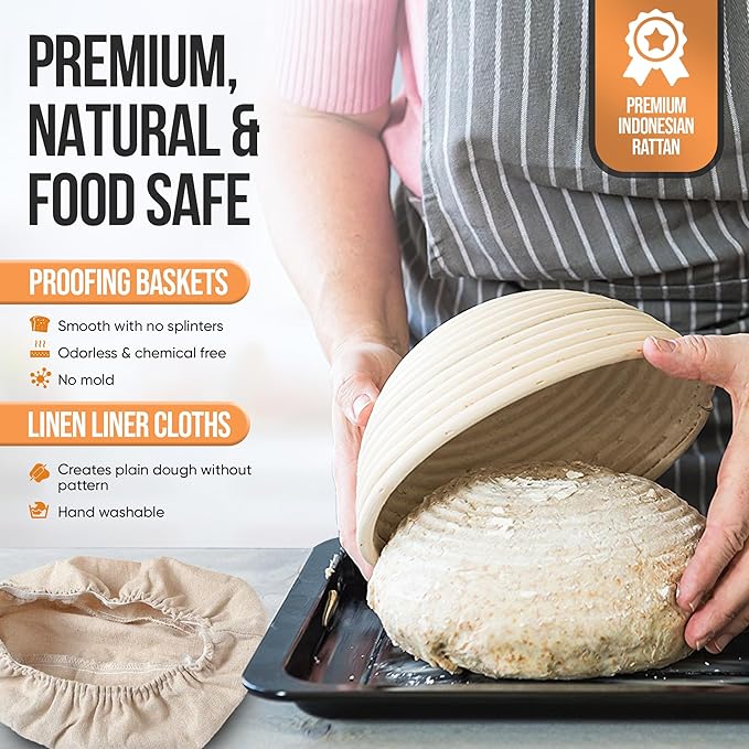 Complete Sourdough Starter Kit and Sourdough Bread Baking Supplies - Includes 9" Banneton Proofing Basket, 34oz Sourdough Starter Jar, Silicone Bread Sling, Scrapers, Bread Lame and Measuring Spoons
