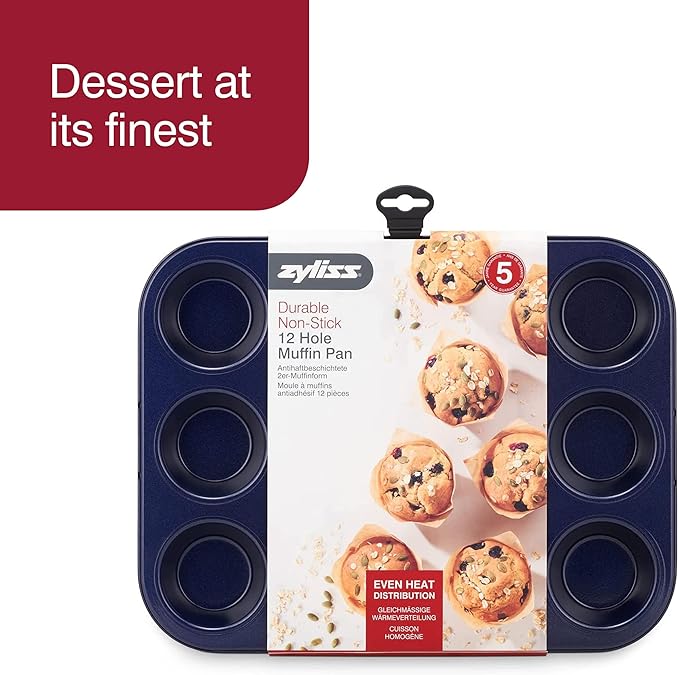 Zyliss E980200 Non-Stick 12 Hole Muffin Tin | Carbon Steel | Dark Blue | Baking Tins/Yorkshire Puddings/Mini Cake/Small Cakes | Dishwasher Safe | 5 Year Guarantee