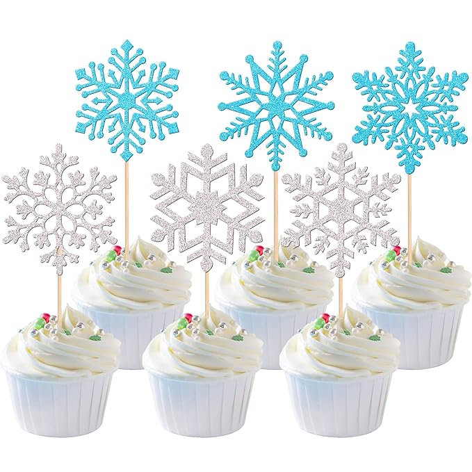 36 PCS Snowflake Cupcake Toppers Glitter Winter Frozen Theme Cupcake Picks for Winter Wonderland Snowflake Theme Baby Shower Kids Birthday Christmas Party Cake Decorations Supplies Silver Blue