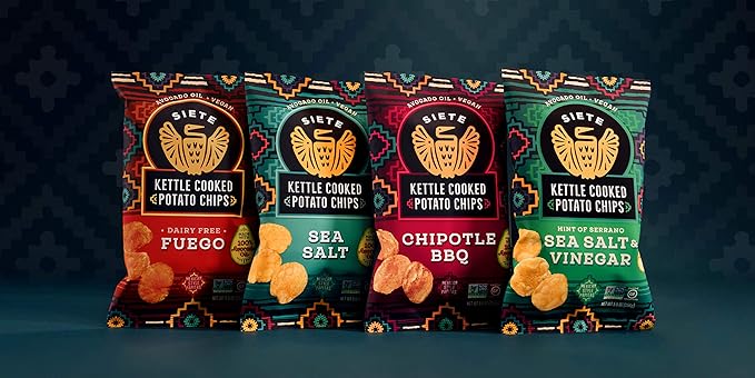Siete Grain Free Potato Chips - Kettle Cooked | Gluten Free Chips | Vegan Snacks | Non GMO | Variety Pack, Sea Salt, Sea Salt & Vinegar, Fuego, Chipotle BBQ (Pack of 8)