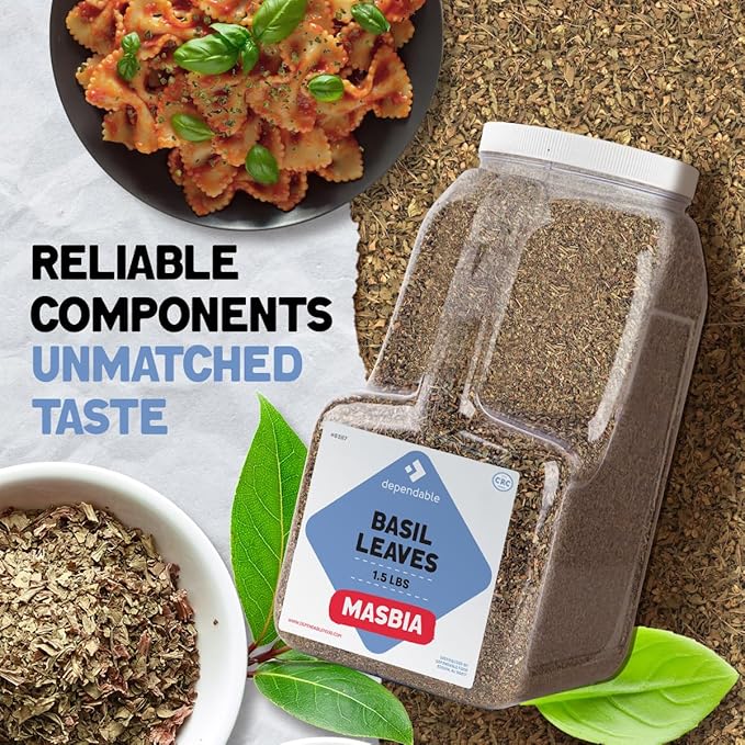 Dependable Food Basil Leaves -1.5 Lb. Jar- Bulk, Kosher, Dried Basil Seasoning for Pasta Sauces, Pesto, Salads, Garnishes & More - Natural, Non-GMO Thai Basil Spice