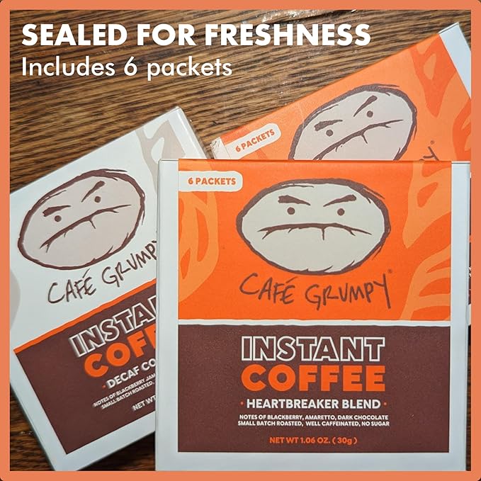 Café Grumpy Instant Decaf Coffee 6 Pack 30g Single Serve Sachets, Swiss Water Processed Medium Roast Arabica Packets, Travel Ready Office Quick Prep