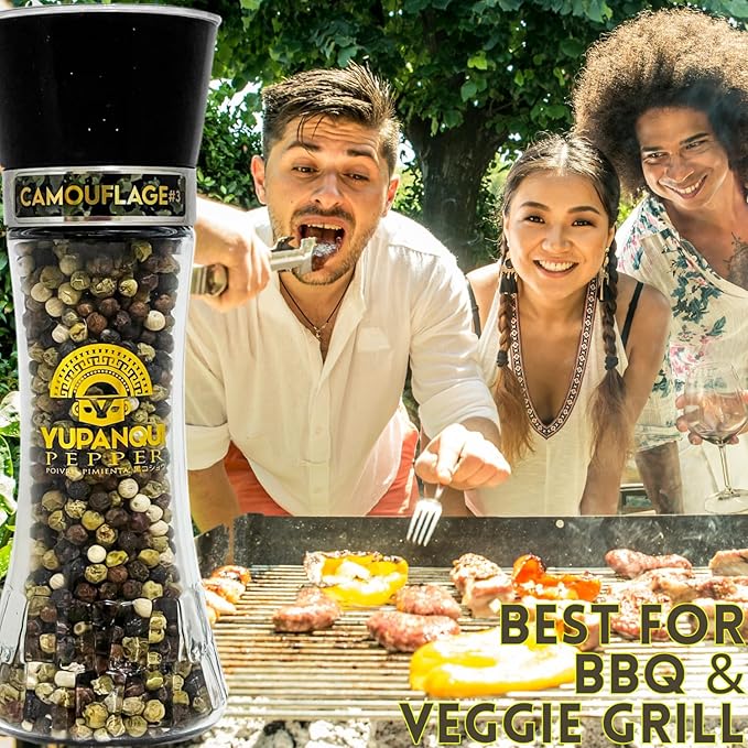 Yupanqui Peppercorn Medley Grinder FOR VEGGIE GRILL 3.5oz, Refillable Pepper Grinder Manual with Organic Peppercorns Mix of Tri Color Peppercorns Whole CAMOUFLAGE