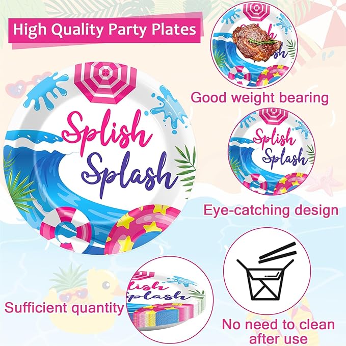 96Pcs Pink Splish Splash Plates and Napkins Summer Pool Birthday Party Decorations Splish Splash Bash Dessert Plates Summer Beach Tableware for 24 Guests Girls Hawaiian Party Supplies