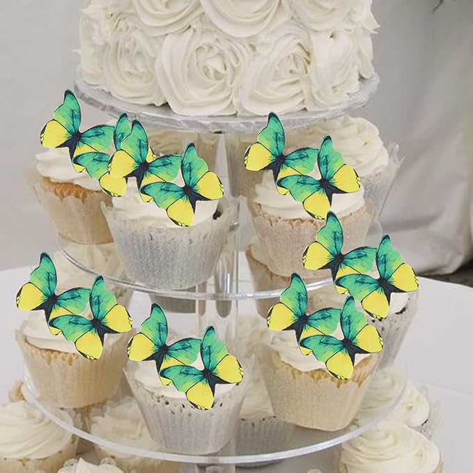 48PCS Edible Butterfly Cupcake Toppers - Edible Butterflies Cake Decoration for Wedding, Birthday, Baby Shower & Kids Parties - Yellow & Green