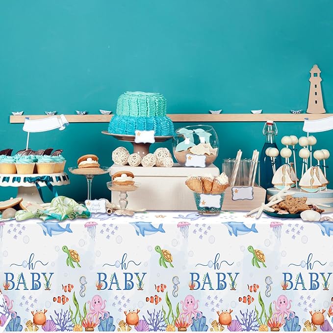 Ocean Party Tablecloths - 3Pcs Watercolor Ocean Animal Birthday Table Covers, Under the Sea Themed Party Decorations Plastic Disposable Rectangular Table Cloth Decor for Kids Birthday Baby Shower