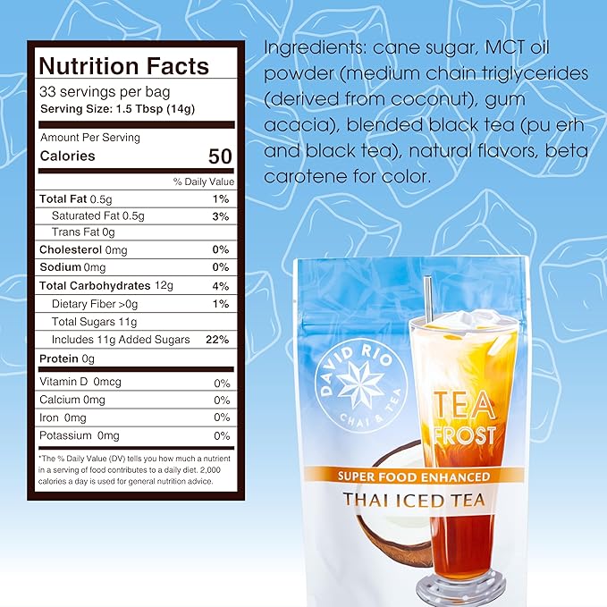 David Rio Thai Iced Tea Mix, 16.2 Oz, Black & Pu Erh Tea, Enhanced with Beta Carotene and MCT Oil, Vegan, Gluten Free, 33 Servings