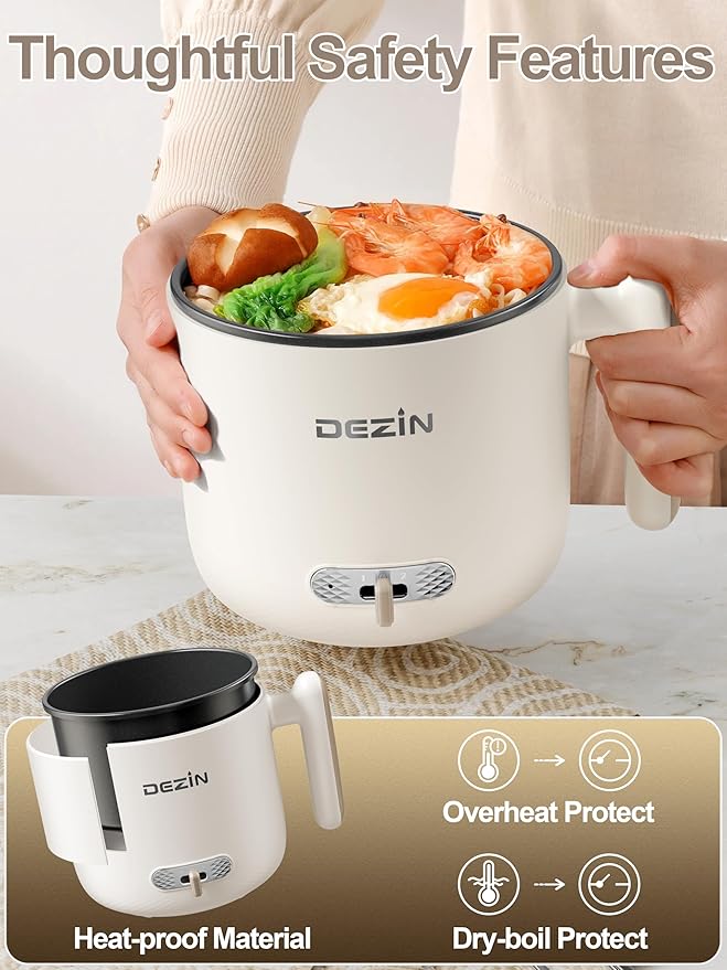 Dezin Electric Pot with Steamer, 1.8L Dual Power Ramen Cooker, Portable Non-Stick Hot Pot Electric for Soup, Pasta, Egg, Oatmeal, Overheat & Boil-Dry Protection, Ideal for Dorm, Office(Beige)