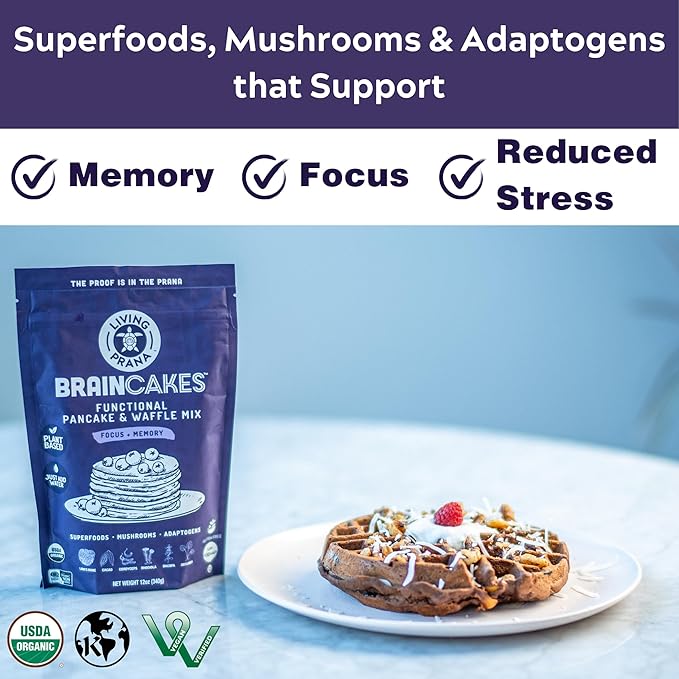 BrainCakes Superfood Organic Pancake & Waffle Mix Gluten Free | Memory, Focus & Stress Support | Just-Add-Water | By LIVING PRANA | 12oz