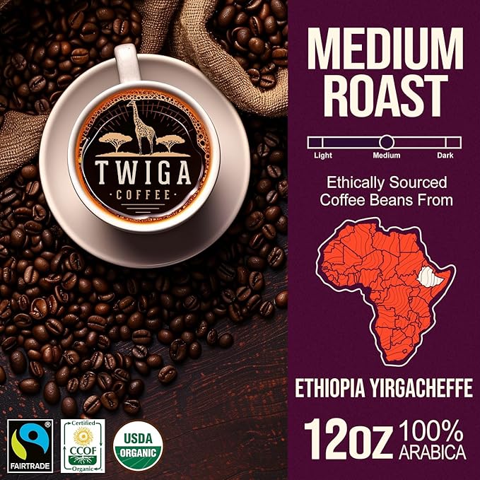 Twiga Coffee Ethiopian Coffee Beans - Ethiopian Yirgacheffe Whole Bean, Organic Medium Roast Arabica with Rich Berry, Chocolate & Floral Flavor Notes, Single Origin, Fresh Roasted in Ethiopia, 12 oz