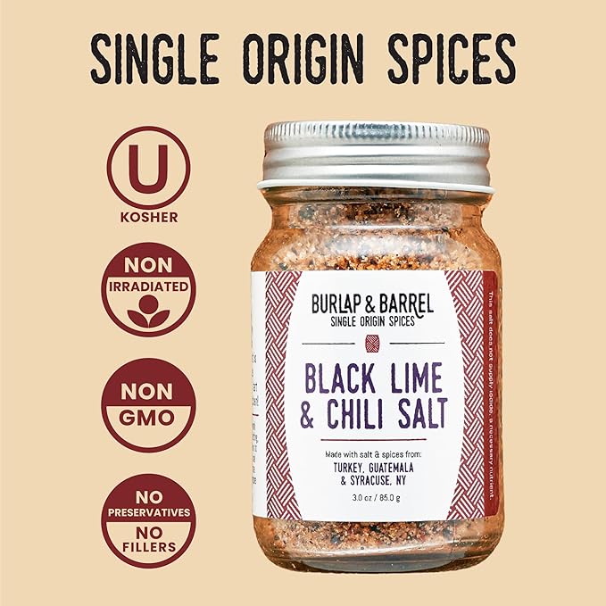 Burlap & Barrel Black Lime & Chili Salt - Savory, Tart, Mildly Spicy - Seasoning Salt for Seafood, Salads & Grilling - As Seen on Shark Tank - 3.0 oz Glass Jar
