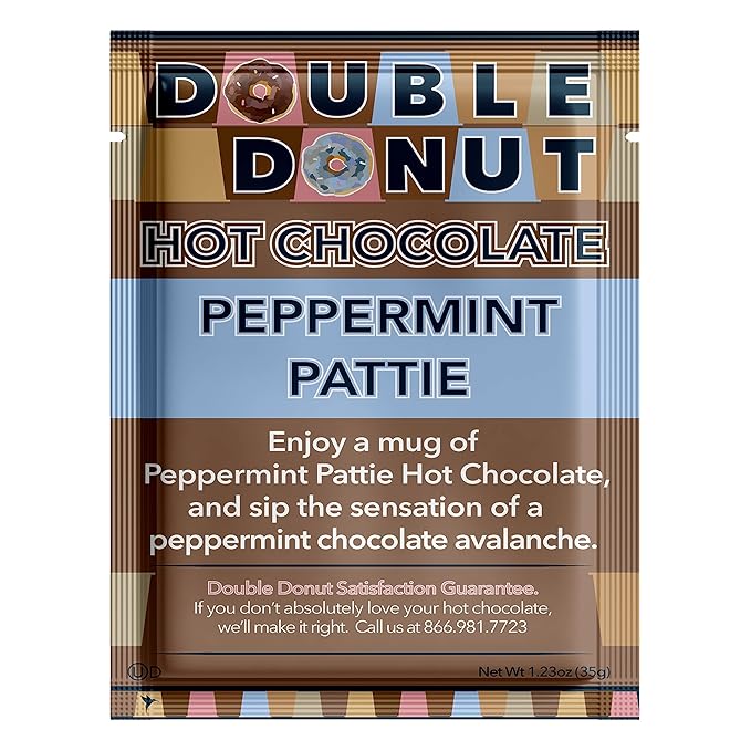 Double Donut Flavored Hot Chocolate Packets, Peppermint Pattie, Peppermint Hot Chocolate, Hot Peppermint Cocoa Mix, 32 Count (Pack of 1)