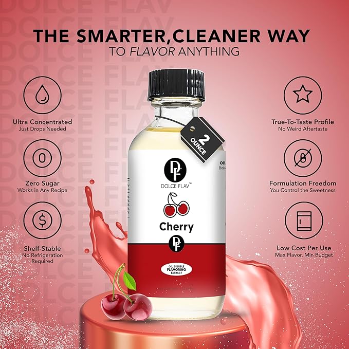 Dolce Flav Cherry Extract ??2 Ounce Oil-Soluble Kosher, Sugar-Free, Concentrated Fruity Flavor for Candy, Chocolates & Desserts, Includes Measured Dropper