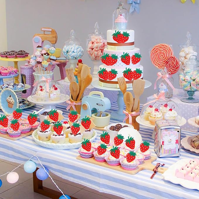 60 PCS Edible Strawberry Cupcake Toppers Wafer Paper Sweet Berry Cupcake Picks Edible Strawberry Cupcake Decorations for Baby Shower Wedding Birthday Party Cake Food Decorations Supplies