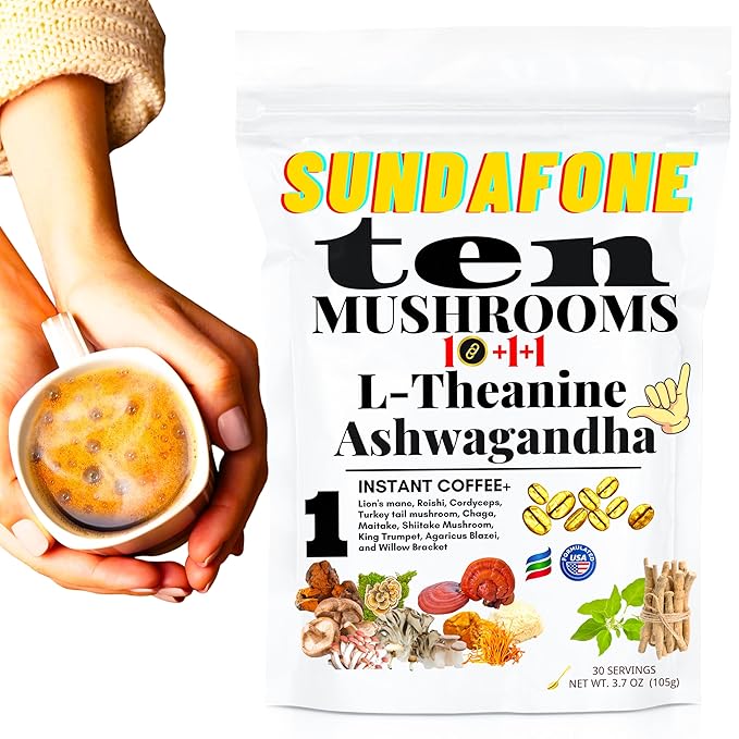 SUNDAFONE Mushroom Coffee with L-Theanine, Ashwagandha, Lion's Mane, Reishi for Focus, Immunity, Memory, Clarity, 12 Adaptogenic Instant Coffee