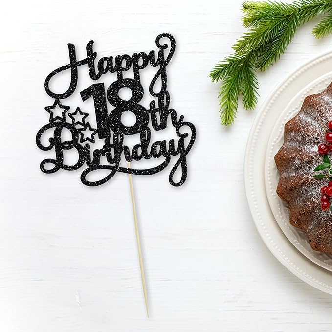 1 Pack Happy 18th Birthday Cake Topper Black Glitter 18 & Fabulous Cheers to 18 Years Old Birthday Cake Pick for Celebrating 18th Birthday Anniversary Party Cake Decorations Supplies