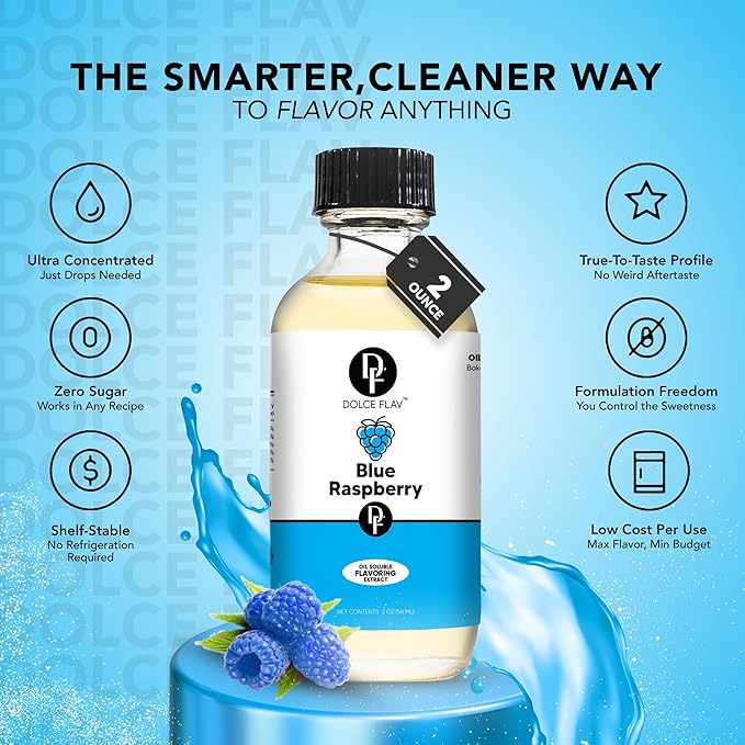 Dolce Flav Blue Raspberry Extract ??2 Ounce Oil-Soluble Kosher, Sugar-Free, Concentrated Blue Raspberry Flavoring for Baking, Chocolates & Desserts, Includes Measured Dropper