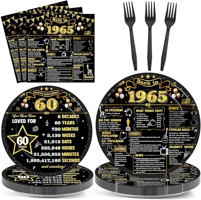 96Pcs 60th Birthday Plates and Napkins Back in 1965 Party Decorations Black Gold 60 Year Old Party Dessert Plates 1965 Tableware for 24 Guests 60th Theme Men Woman Birthday Supplies