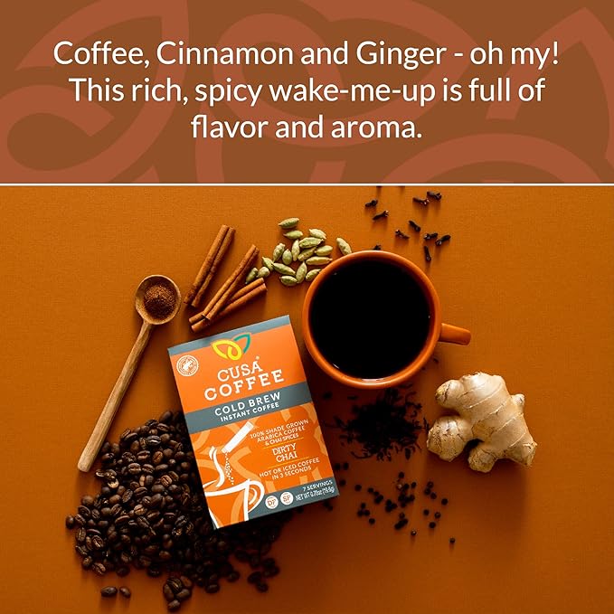 Cusa Tea & Coffee, Dirty Chai Cold Brew. Premium Instant Coffee, Rainforest Alliance Certified Arabica Beans. Drink Mix Packets Ready in Seconds, Makes Hot or Iced Coffee (30 Servings)