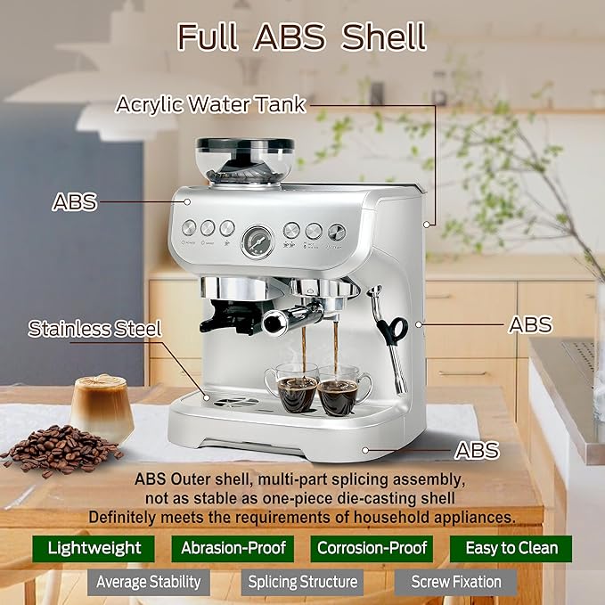 MIROX Espresso Machine 15 Bar, Coffee Maker With Milk Frother Steam Wand, Built-In Bean Grinder, Combo Cappuccino Machine with 70oz Removable Water Tank (ABS high-strength plastic shell)