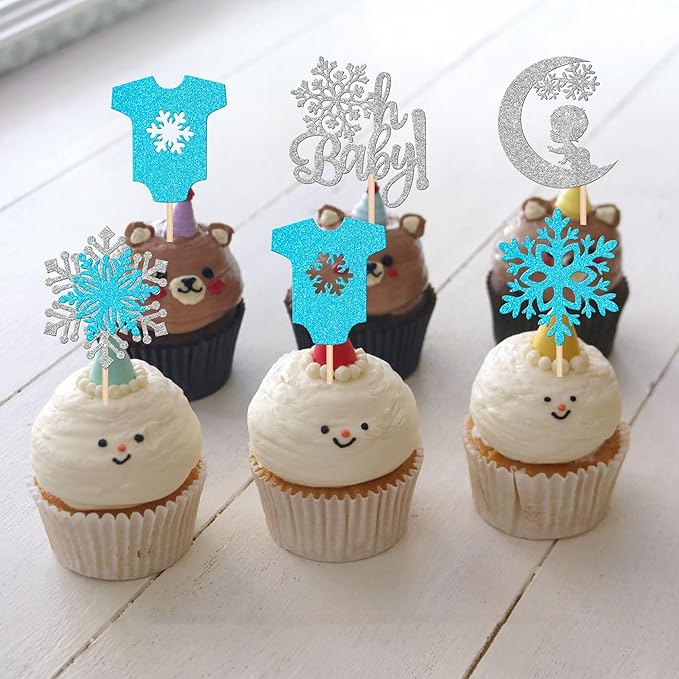30 PCS Snowflake Oh Baby Cupcake Toppers Glitter Winter Sweater Moon Snowflake Cupcake Picks Baby Shower It's a Boy Cake Decorations for Baby Shower Kids Birthday Christmas Party Supplies