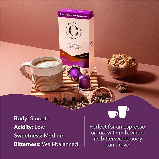 Cru Kafe Dark Roast USDA Organic Espresso Coffee Capsules (10 Pods) Fairtrade Coffee Pods Compatible with Nespresso Original Line and Pixie Machines