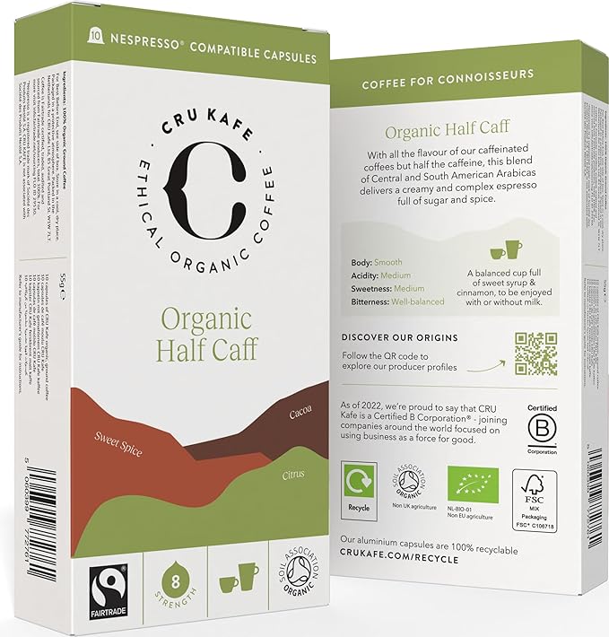 Cru Kafe USDA Organic Half Caff Espresso Coffee Capsules (50 Pods) Fairtrade Coffee Pods Compatible with Nespresso Original Line and Pixie Machines
