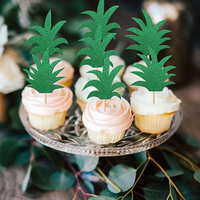 Rsstarxi 30 Pack Pineapple Cupcake Toppers Glitter Hawaiian Luau Cake Decorations Donut Pineapple Leaf Cupcake Picks for Tropical Aloha Baby Shower Kids Birthday Party