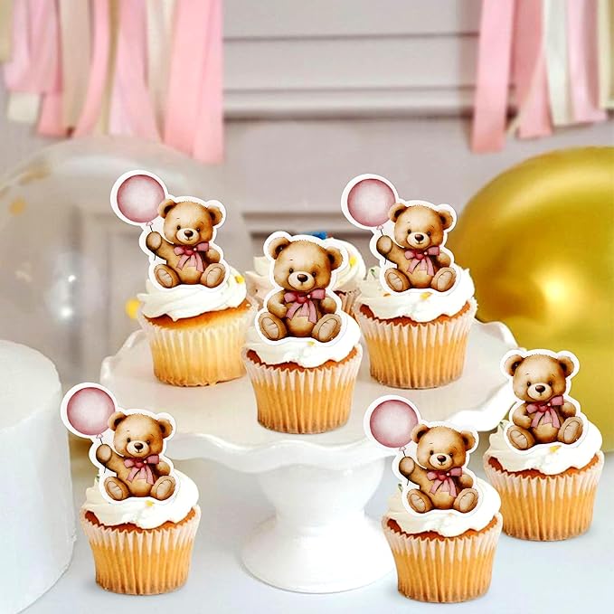 40 PCS Edible Wafer Paper Baby Shower Bear Cupcake Toppers Drink Topper Selection Baby Bear Theme Baby Shower Decorative Supplies Jungle Animal Theme Birthday Party Cake Decorative Supplies Pink