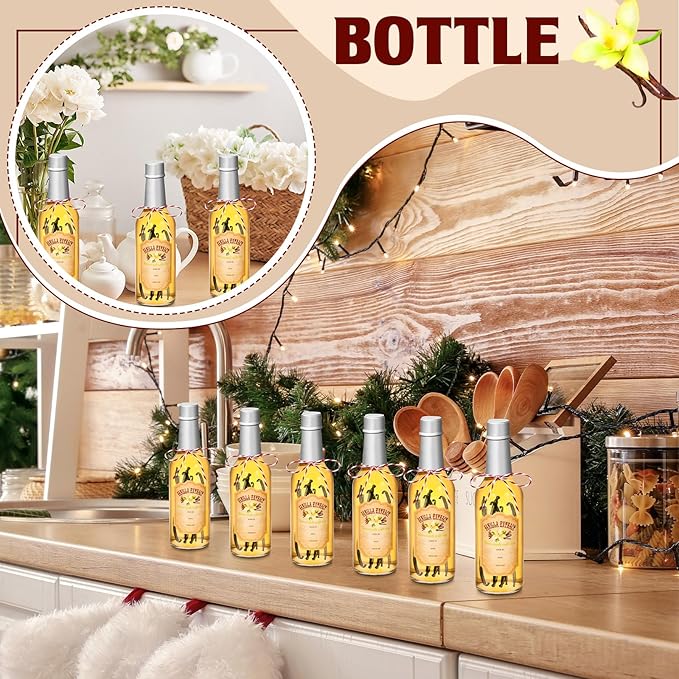 Tioncy 16 Pcs Vanilla Extract Bottles for Homemade Vanilla Jar Glass Bottle with Cap, Shrink Band, Sticker Syrup Gift Food Storage Canister for Bean Sauce Spice(Silver,8.5 oz)