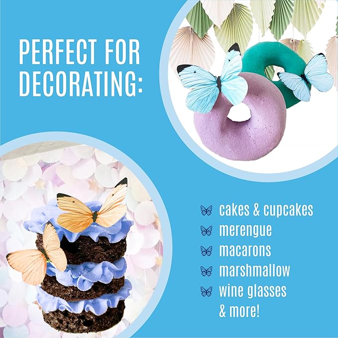Sugar Robot Edible Butterflies for Cake Decorating - Small Pastel Blue Butterfly Cake Toppers and Cupcake Toppers - Decoration Made in the USA - Premium Crafted (Blue)
