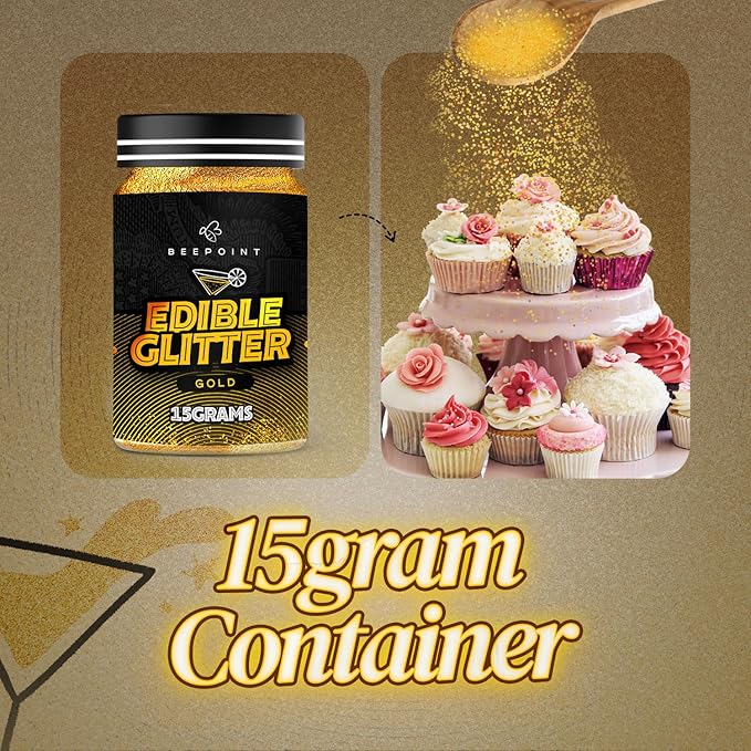 BeePoint Gold Edible Glitter for Drinks 15g - Food Grade, Vibrant Color Shimmer Powdered Dust for Drinks, Cocktails, Cake Decorating, Baking, Chocolates, Candy, Sweets, & Cookies - Vegan & Gluten Free