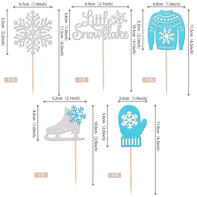 30 PCS Snowflake Cupcake Toppers Glitter Skate Shoe Gloves Sweater Cupcake Picks for Snowflake Theme Winter Wonderland Baby Shower Birthday Merry Christmas Party Cake Decorations Supplies