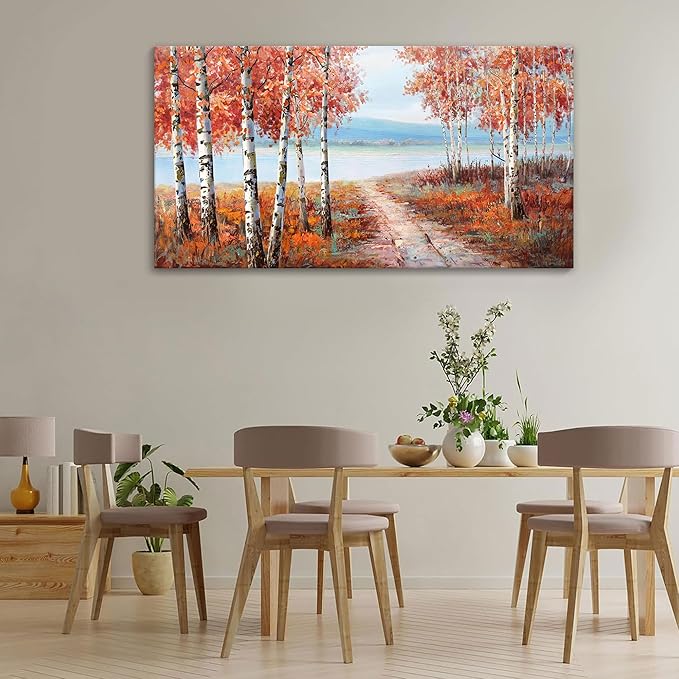 YDYSUNE Birch Tree Wall Art - Orange Large Canvas Wall Decor Forest Landscape Picture for Living Room Red Home Bedroom Decoration Tree Framed Painting Artwork Size 24X48Inch