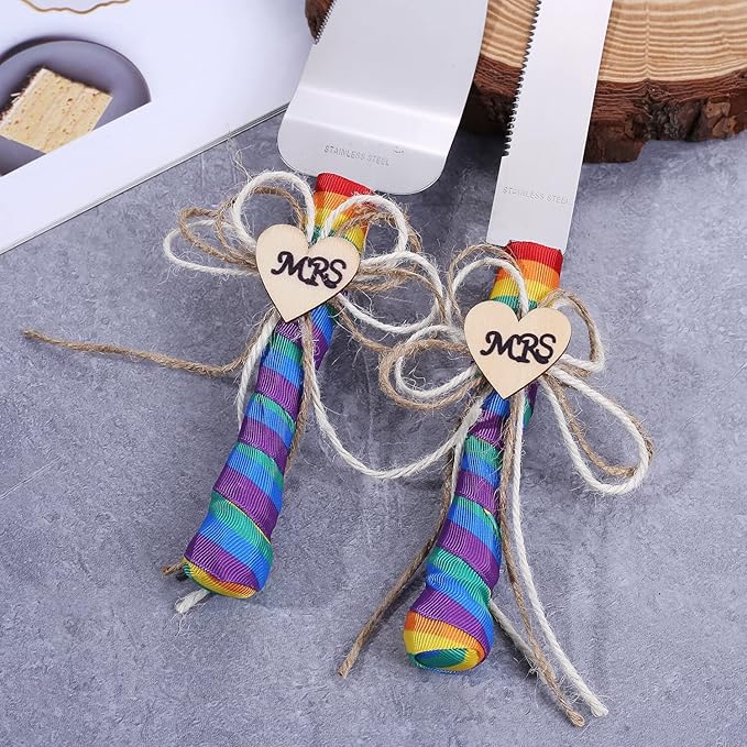 TANG SONG Set of 2 Mrs & Mrs Rainbow Gay Pride Flag LGBT Wedding Cake Knife and Serving Set with Rainbow Silk Ribbon and Heart Shaped Wood Tag Design Wedding Cake Knife (Set of 2)