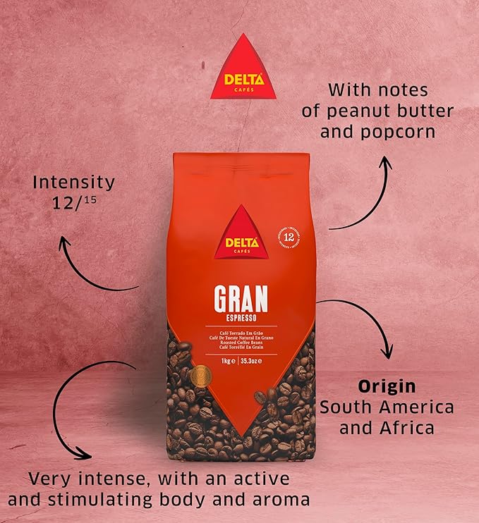 Delta Cafes Gran Espresso Whole Bean Coffee, Portugal, Naturally Roasted, Intense with Crema, 2.2lb